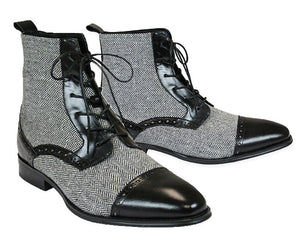 Handmade Ankle High Black Leather And Tweed Boots Casual Dress Party Boots Men