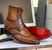 Load image into Gallery viewer, Handmade Ankle High Brown Derby Boot, Wing Tip Leather Lace Up Boot

