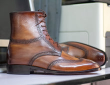 Load image into Gallery viewer, Handmade Ankle High Brown Derby Boot, Wing Tip Leather Lace Up Boot
