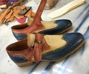 Handmade Beige Brown Blue Leather Strap Shoes, Men's Wing Tip Brogue Monk Shoes