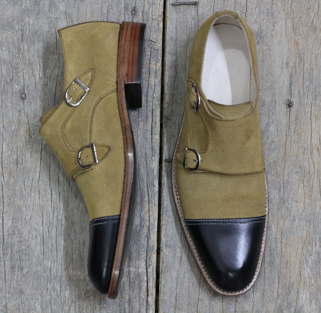 Handmade Beige Leather Suede shoes, Men's Cap Toe Double Monk Formal Shoes