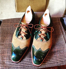 Load image into Gallery viewer, Handmade Beige Green Lace Up Suede Leather Shoes, Wing Tip Brogue Stylish Shoes
