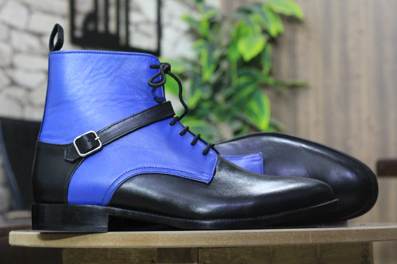 Handmade Black Blue Leather Buckle Lace Up Ankle High Men's Boot, Street Wear Boot