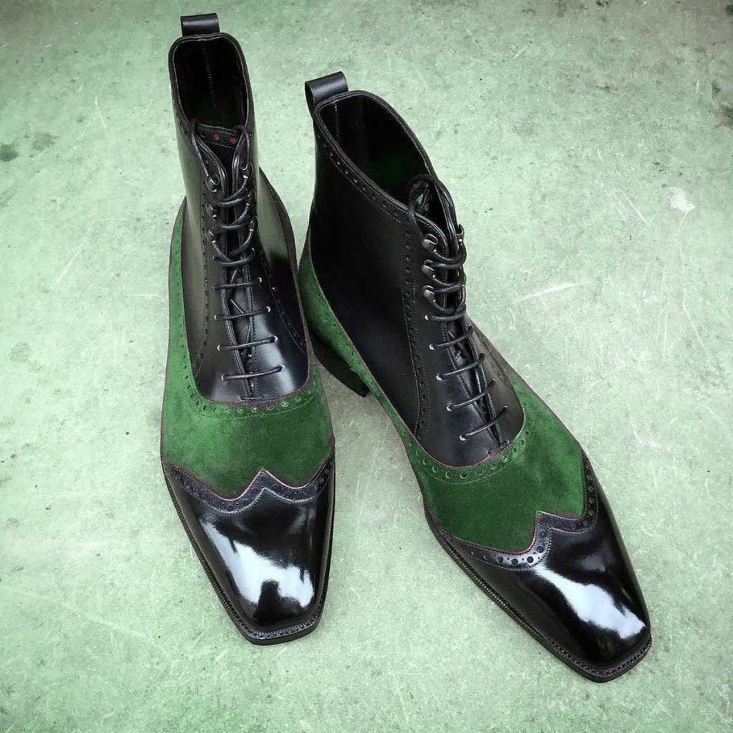 Handmade Black Green Leather Suede Boot, Men's Wing Tip Lace Up Boot
