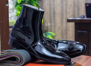 Handmade Black Patent Leather Ankle High Boots For Men's