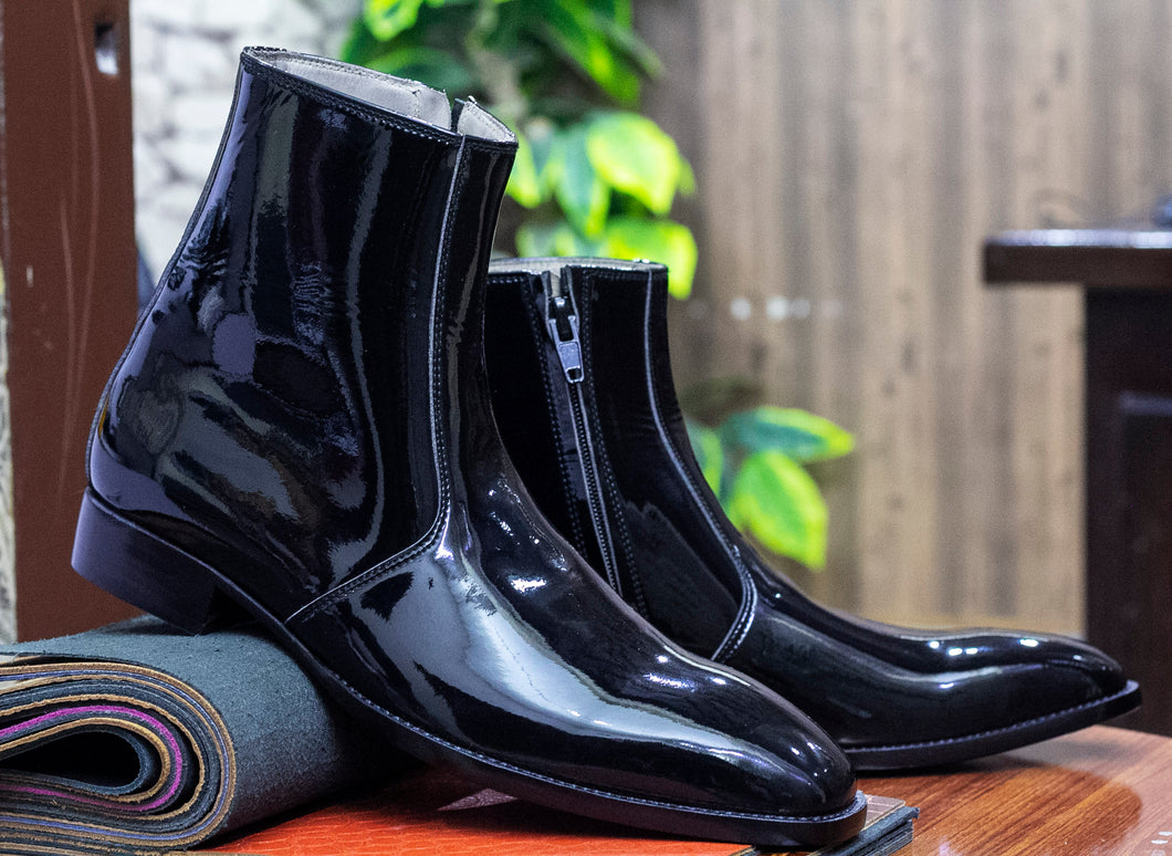 Handmade Black Patent Leather Ankle High Boots For Men's