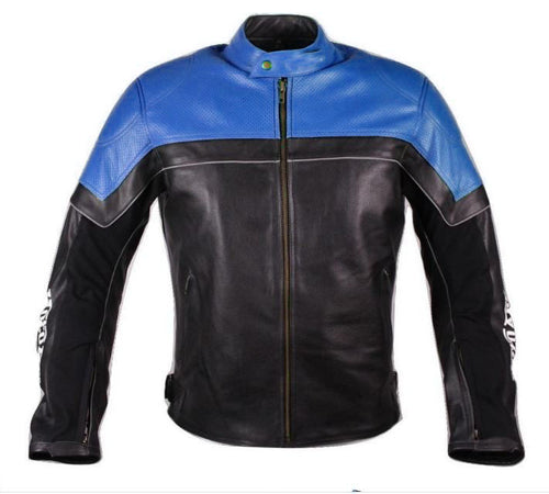 Handmade Blue Black Men's Moto Art racing pro perforated biker leather jacket