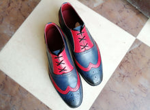 Load image into Gallery viewer, Handmade Blue Burgundy Wing Tip Brogue Lace Up Shoes Designing Leather Shoes, Stylish Dress Formal Shoes
