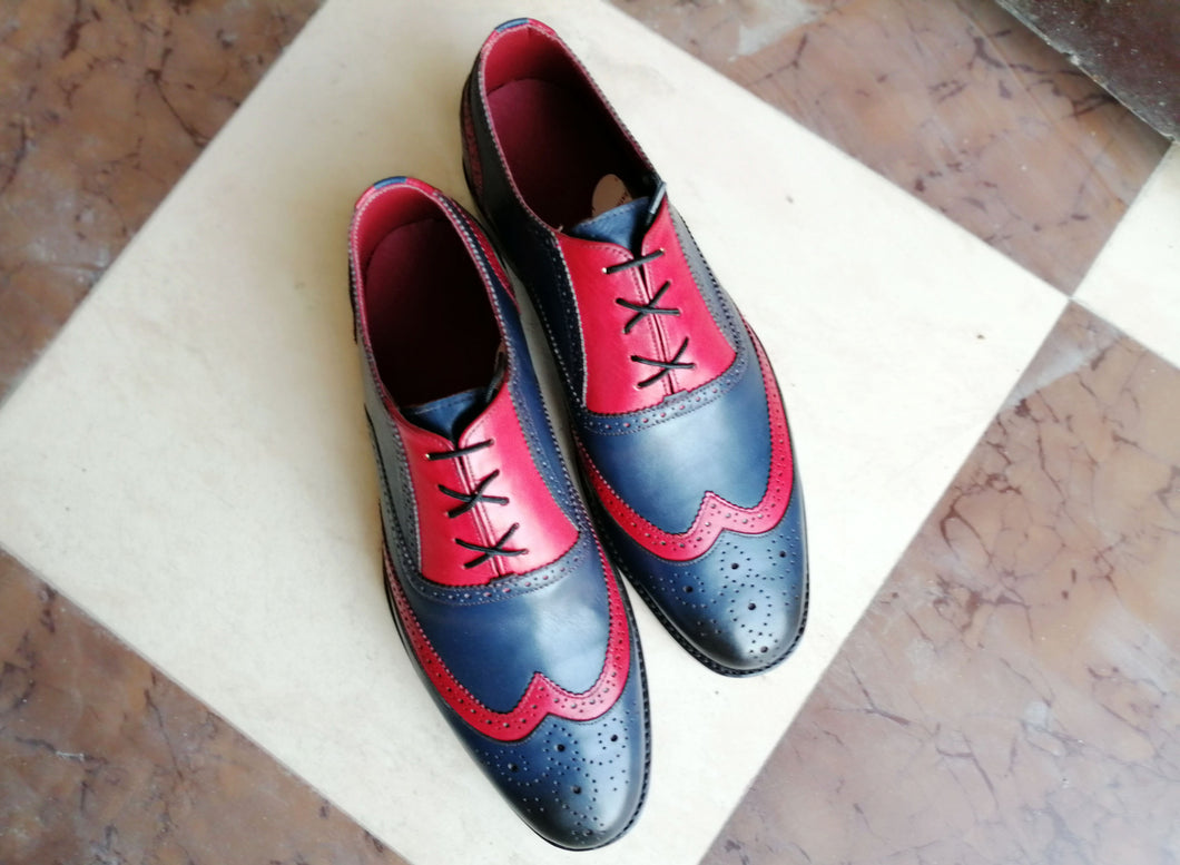 Handmade Blue Burgundy Wing Tip Brogue Lace Up Shoes Designing Leather Shoes, Stylish Dress Formal Shoes