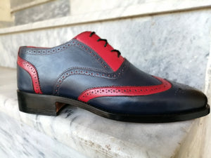 Handmade Blue Burgundy Wing Tip Brogue Lace Up Shoes Designing Leather Shoes, Stylish Dress Formal Shoes