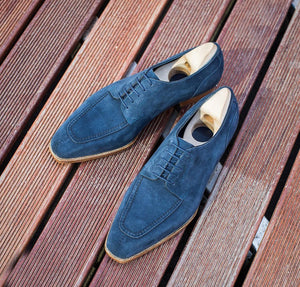 Handmade Blue Suede Square Toe Lace Up Shoes Foer Men's