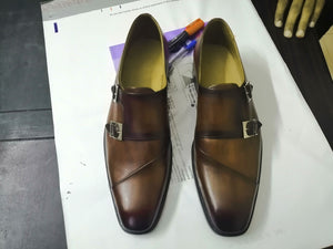 Handmade Brown Color Double Monk Strap Leather Shoes, Stylish Dress Formal Shoes