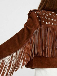 Handmade Brown Fringe Stud Jacket for women, Women studded Suede biker Jacket - leathersguru