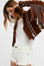 Load image into Gallery viewer, Handmade Brown Fringe Stud Jacket for women, Women studded Suede biker Jacket - leathersguru
