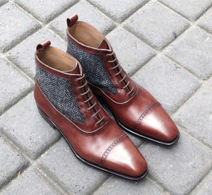 Handmade Brown Leather Ankle Boots,Tweed Casual Cap Toe Boot New Formal Boot Men