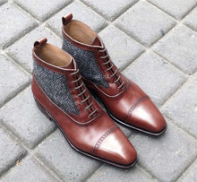 Load image into Gallery viewer, Handmade Brown Leather Ankle Boots,Tweed Casual Cap Toe Boot New Formal Boot Men
