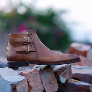 Handmade Brown Leather Boot, Fashion Buckle Straps Boot