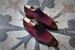 Handmade Burgundy Leather Suede Shoes, Wing Tip Lace Up Fashion Shoes