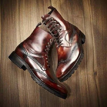 Load image into Gallery viewer, Handmade Burgundy Wing Tip Ankle Leather Lace Up Boot,Dress Boot,Men&#39;s Boot
