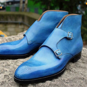 Handmade Double Monk Boot, Men's Straps Blue Color Leather Fashion Boot