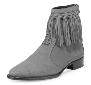 Handmade Gray Fringe Ankle Boots, Men Leather Gray Ankle Boots