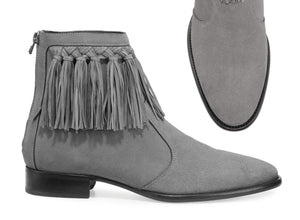 Handmade Gray Fringe Ankle Boots, Men Leather Gray Ankle Boots