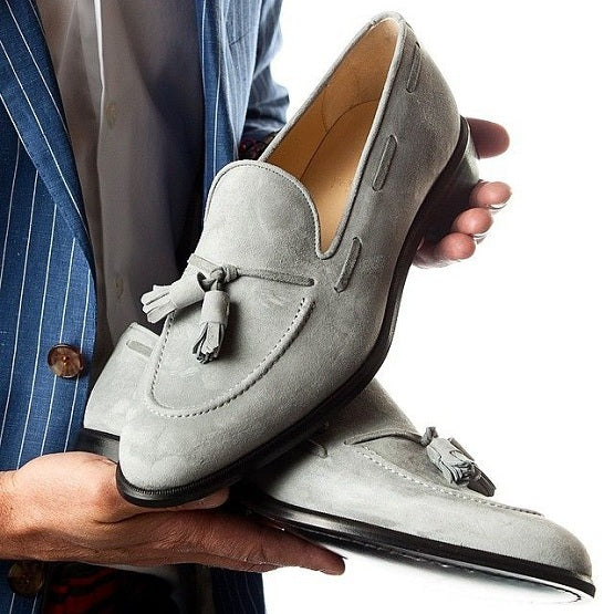 Handmade Gray Suede Tussles Loafers For Men's