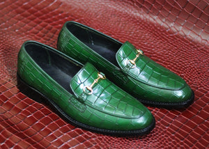 Handmade Green Alligator Texture Loafer Shoes, Men's Classic Stylish Shoes 