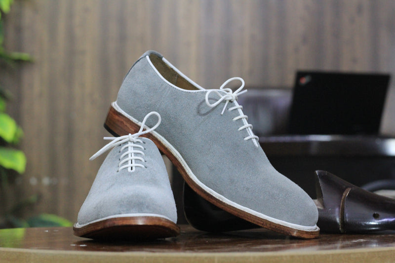 Handmade Grey Suede Lace Up Shoes, Men's Plain Toe Classic Men's Shoes