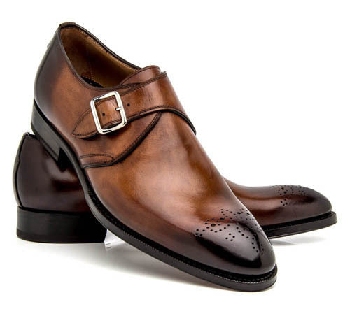 Handmade Leather Brown Single Buckle Style Shoes, Brogue Toe Shoes