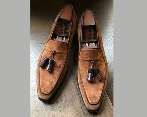 Handmade Light Brown Color Suede Loafer Slipper Party Dress Men's Fashion Moccasin Tussles Shoes