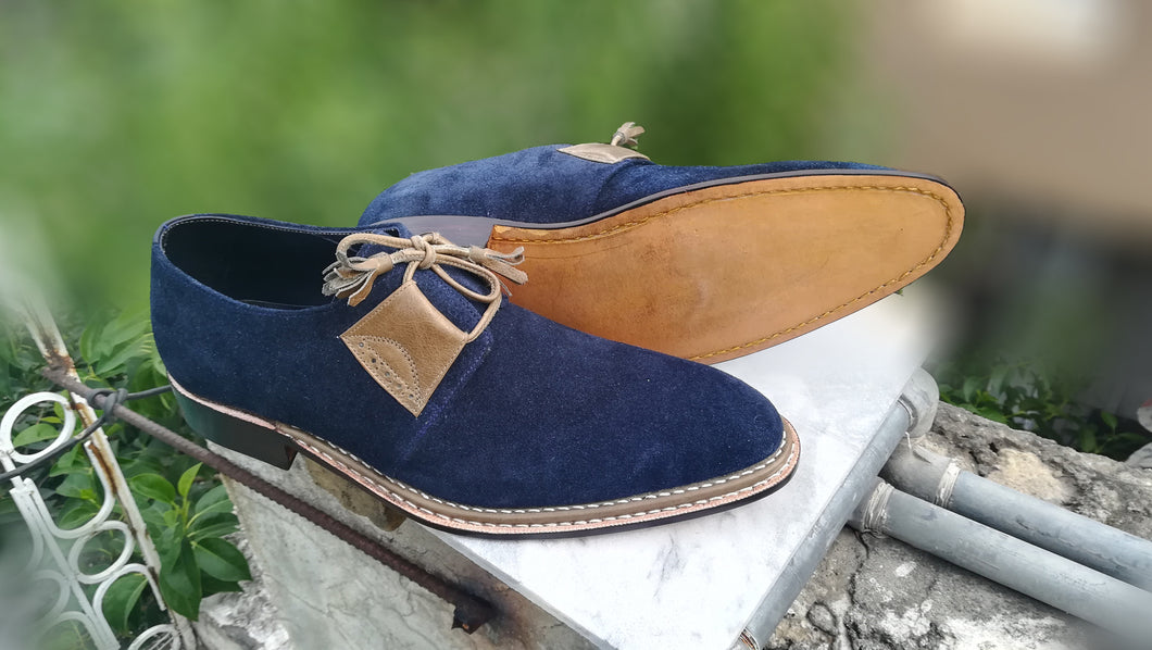 Handmade Luxury Bespoke Derby shoes, Men's Navy Retro Elegant Suede Lace up Shoe