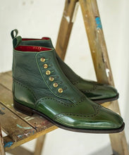 Load image into Gallery viewer, Handmade Men 2 Tone Green Leather Boot, Men Ankle High Button Formal Boot
