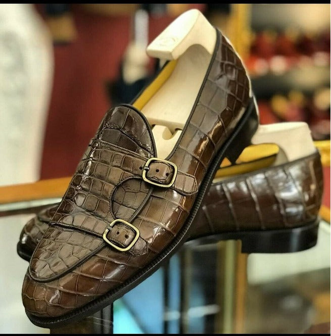 Handmade Men Brown Crocodile Shoes, Men Double Monk Dress Shoe,formal Shoes