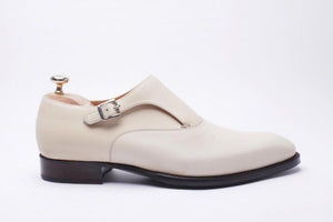 Handmade Men White Single Monk Shoes Leather, Dress Formal Tuxedo Business Shoe