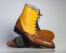 Handmade Men's Ankle High Brown & Yellow Split Toe Leather Lace Up Boots