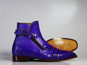 Handmade Men's Ankle High Purple Cap Toe Buckle With Side Zip Style Leather Boots