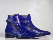 Load image into Gallery viewer, Handmade Men&#39;s Ankle High Purple Cap Toe Buckle With Side Zip Style Leather Boots
