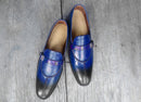 Handmade Men's Black Blue Color Shoes Stylish Split Toe Leather Monk Strap Formal Shoes