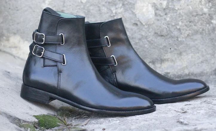 Handmade Men's Black Double Buckle Boots , Men Bespoke All Leather Ankle Boots