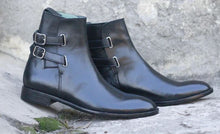 Load image into Gallery viewer, Handmade Men&#39;s Black Double Buckle Boots , Men Bespoke All Leather Ankle Boots
