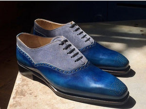 Handmade Men's Blue Gray Suede Leather Shoes, Lace Up Stylish Derby Brogue Dress Formal Shoes