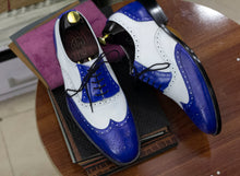Load image into Gallery viewer, Handmade Men&#39;s Blue &amp; White Wing Tip Style Pure Leather Shoes For Men&#39;s
