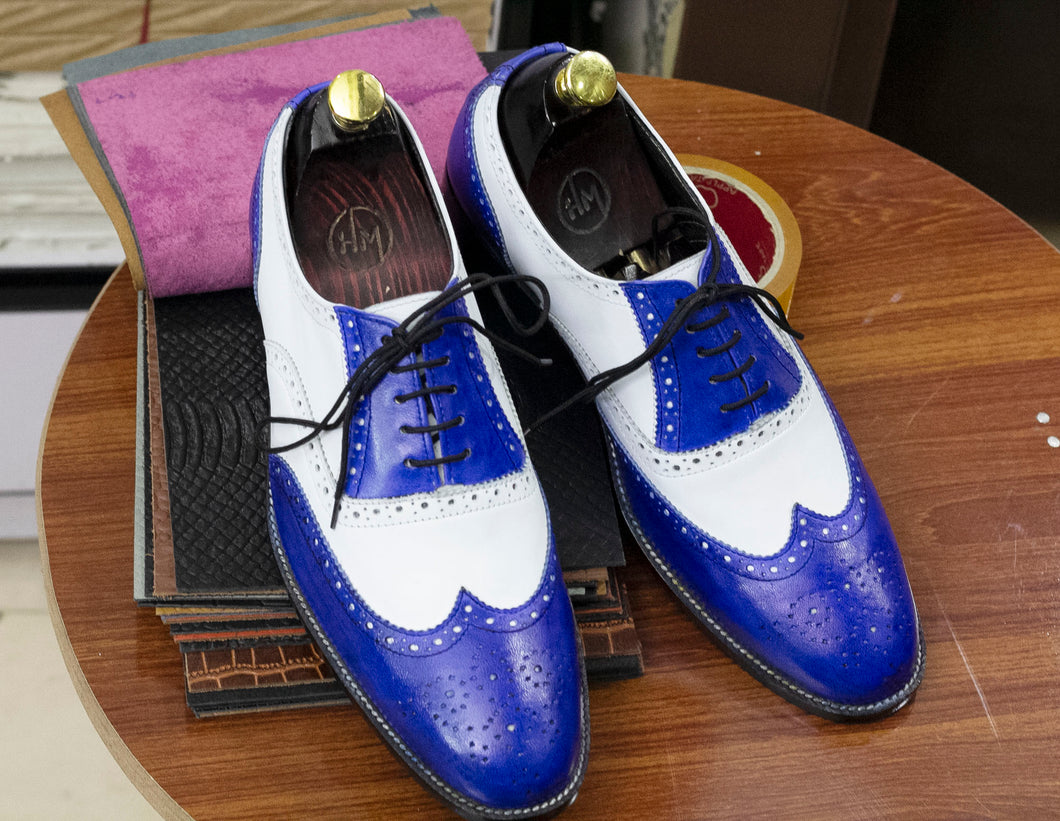 Handmade Men's Blue & White Wing Tip Style Pure Leather Shoes For Men's