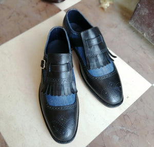 Handmade Men's Brogue Monk Strap Shoes, Men's Navy Blue Fringe Tweed Leather Shoes