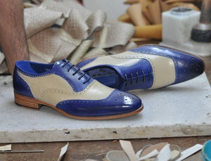 Handmade Men's Brogue Shoes, Men's Beige Blue Leather Lace Up Shoes