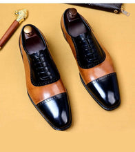 Load image into Gallery viewer, Handmade Men&#39;s Casual Shoes, Men&#39;s Tan Brown Black Leather Cap Toe Lace Up Casual Shoes.
