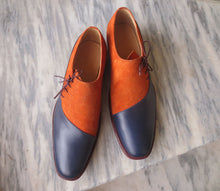 Load image into Gallery viewer, Handmade Men&#39;s Casual Shoes, Men&#39;s Tan Brown Blue Leather &amp; Suede Lace Up Casual Shoes.
