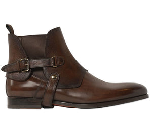 Handmade Men's Chelsea Upper Strap detail Leather Boots, Buckle detail Boots