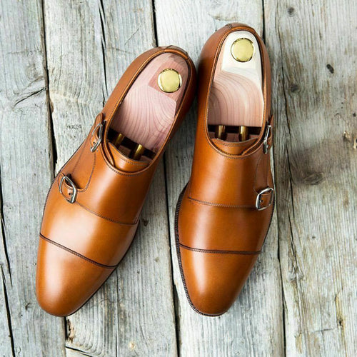  Men's Double Monk Strap Dress Shoes, Real Leather Shoes
